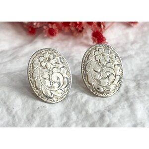 Art Nouveau Hand Carved Floral Screw Back Sterling Silver 925 Stud Earrings